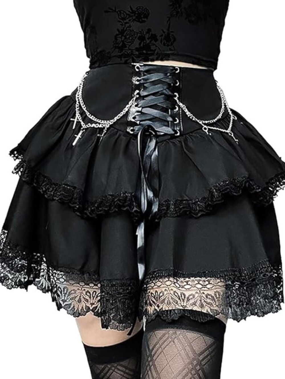 Womens Mini Gothic Skirt Tie Waist Layered Punk Emo Skirts